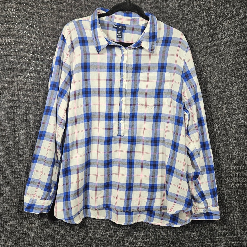 Gap Womens XXL Boyfriend Fit Plaid Button Down Shirt Blue White Cotton Roll Tab